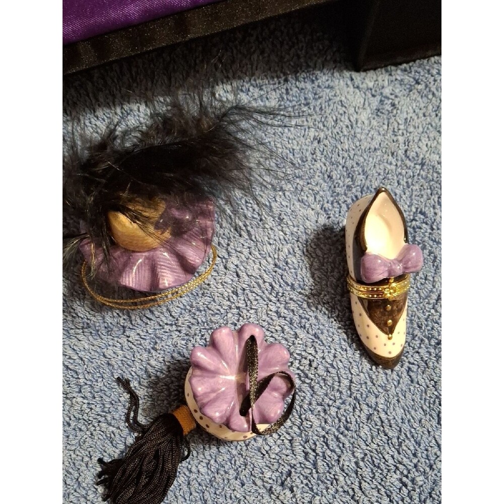 Mud Pie Purple, Black & Gold Trinket Shoe, Hat & Tassel Set
